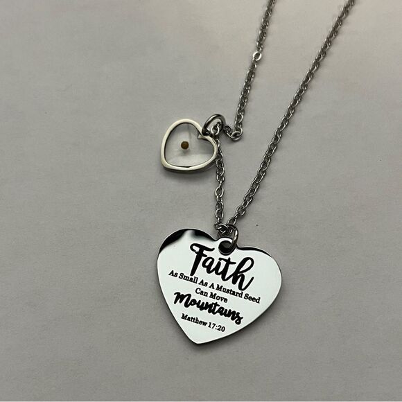 Stainless Steel Mustard Seed Necklace, Heart-Shaped Belief Necklace - Picture 4 of 6